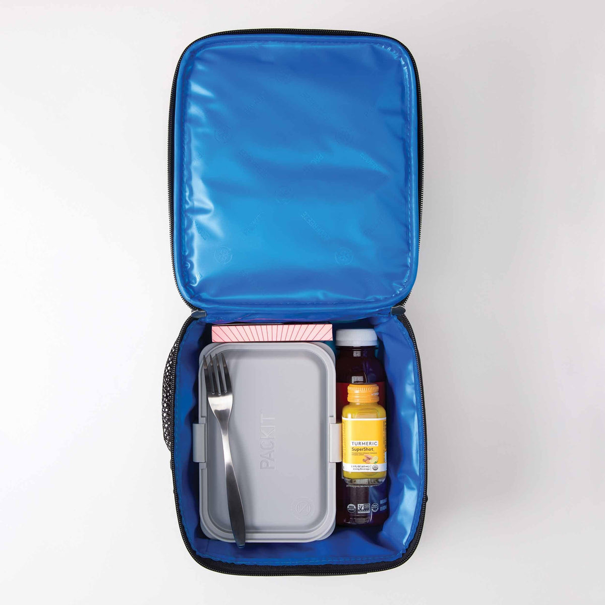 freezable-upright-lunch-box-u9 freezable-upright-lunch-box-black-gray-top-view-with-food.jpg